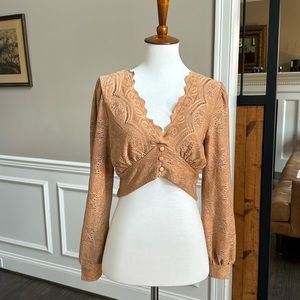 Button lace crop top blouse size M Tan/Camel